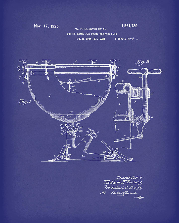 Ludwig Drums 1925 Patent Art Blue Drawing by Prior Art Design