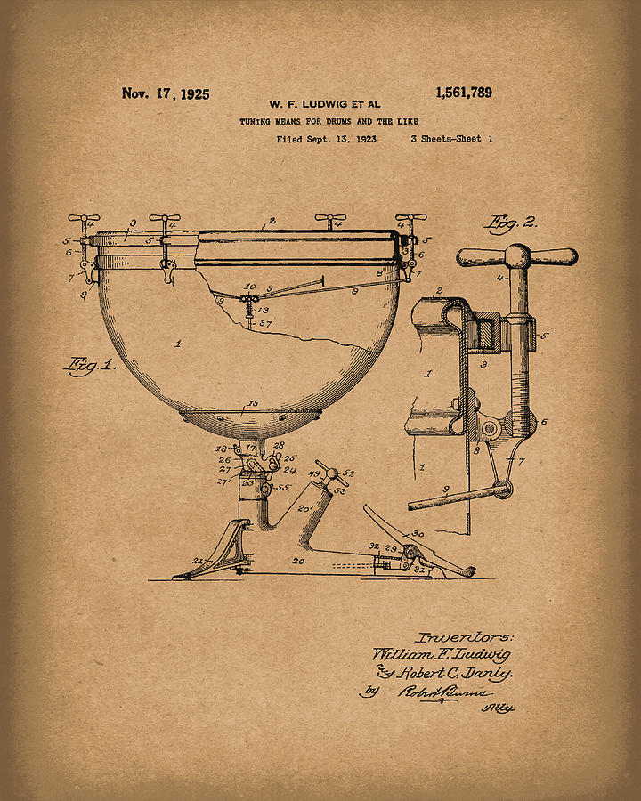 Ludwig Drums 1925 Patent Art Brown Drawing by Prior Art Design