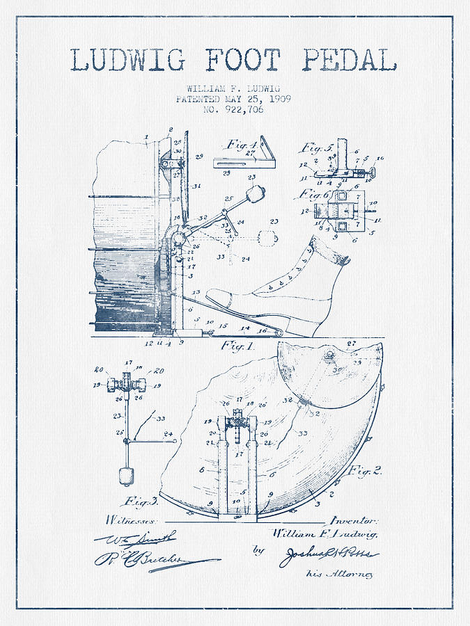 Music Digital Art - Ludwig Foot Pedal Patent Drawing from 1909 - Blue Ink by Aged Pixel
