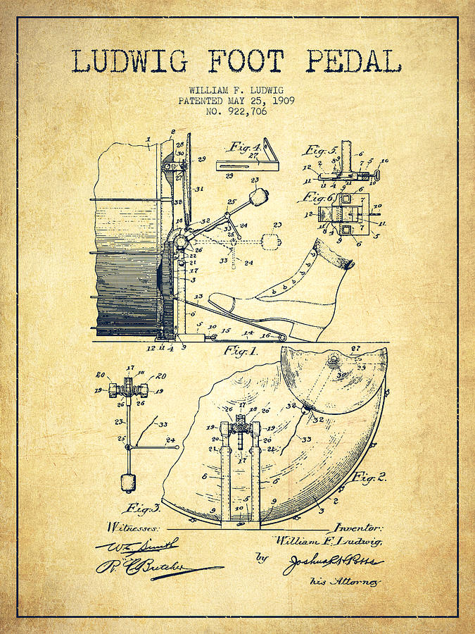 Music Digital Art - Ludwig Foot Pedal Patent Drawing from 1909 - Vintage by Aged Pixel