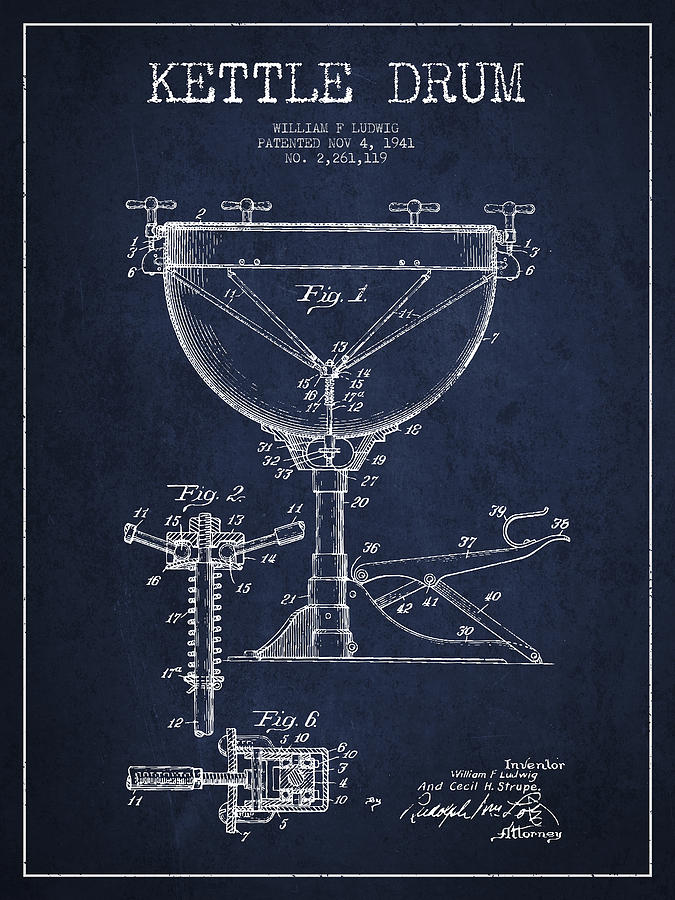 Music Digital Art - Ludwig Kettle Drum Drum Patent Drawing from 1941 - Navy Blue by Aged Pixel