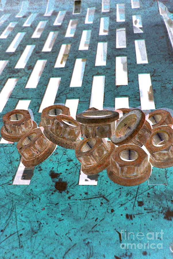 Lug Nuts on Grate Vertical Turquoise Copper Photograph by Heather Kirk