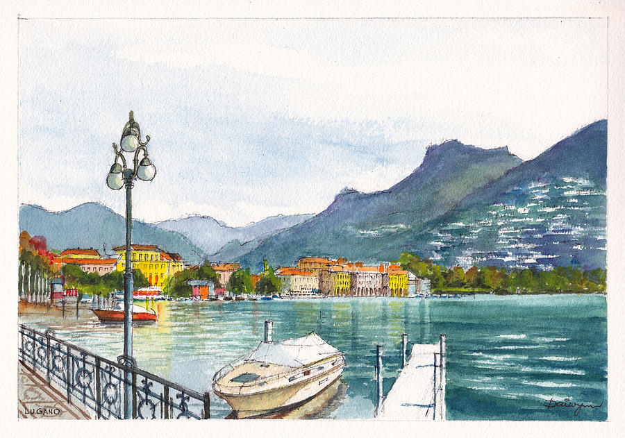 Boat Painting - Lugano on Lake Lugano Switzerland by Dai Wynn