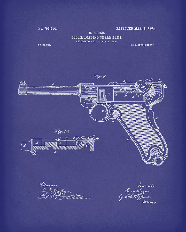 Luger Handgun 1904 Patent Art Blue Drawing by Prior Art Design