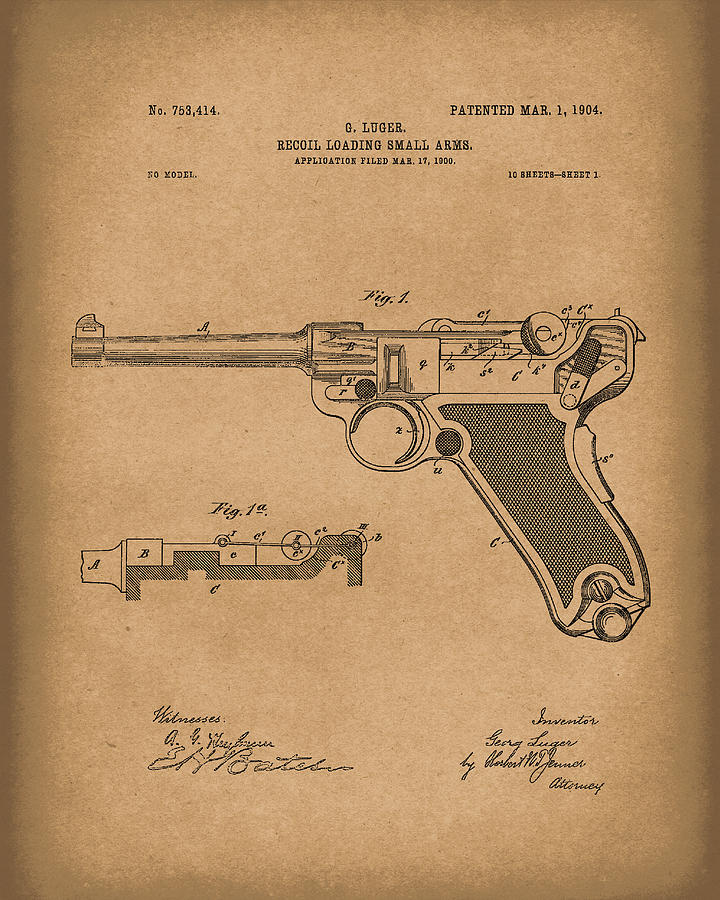 Luger Handgun 1904 Patent Art Brown Drawing by Prior Art Design