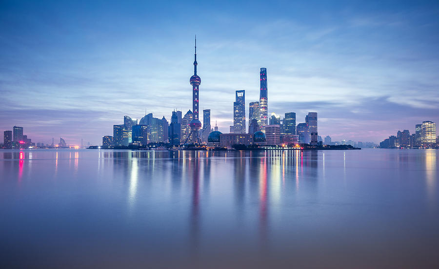 Lujiazui financial district in Shanghai at dusk , China , Asia Photograph by Kiszon Pascal