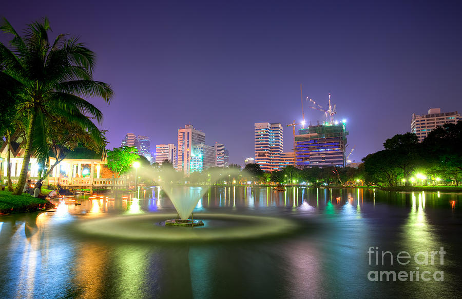 Fountain Photograph - Lumpini Park at night Bangkok by Fototrav Print