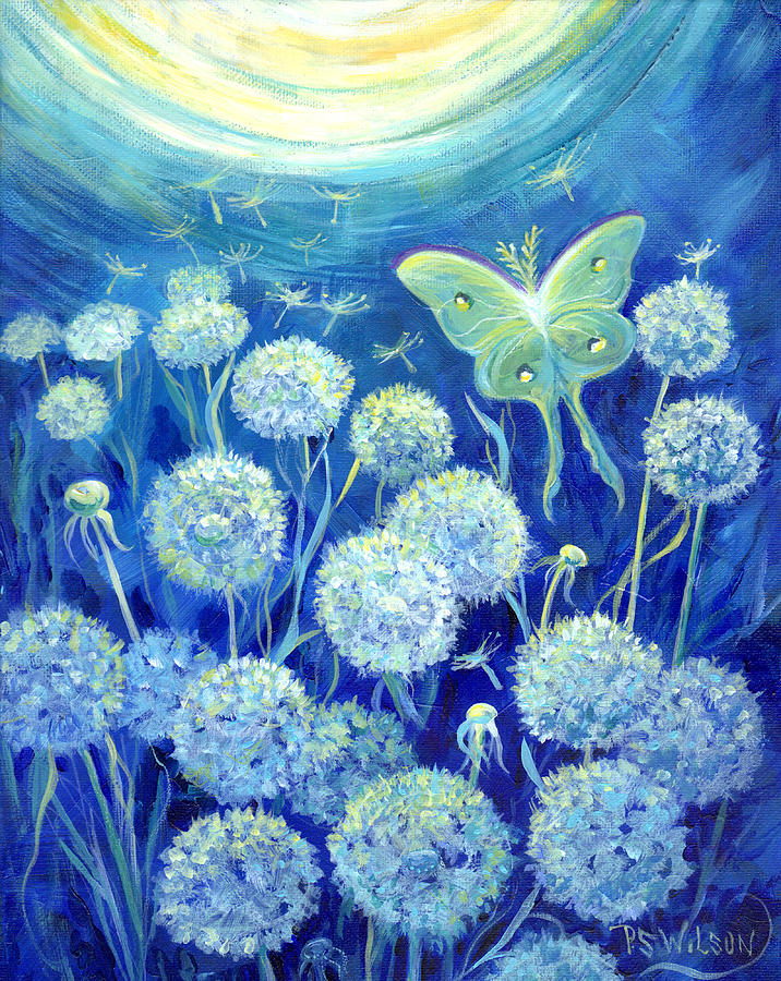 Butterfly Painting - Luna Moth in Moonlight with Dandelions by Peggy Wilson