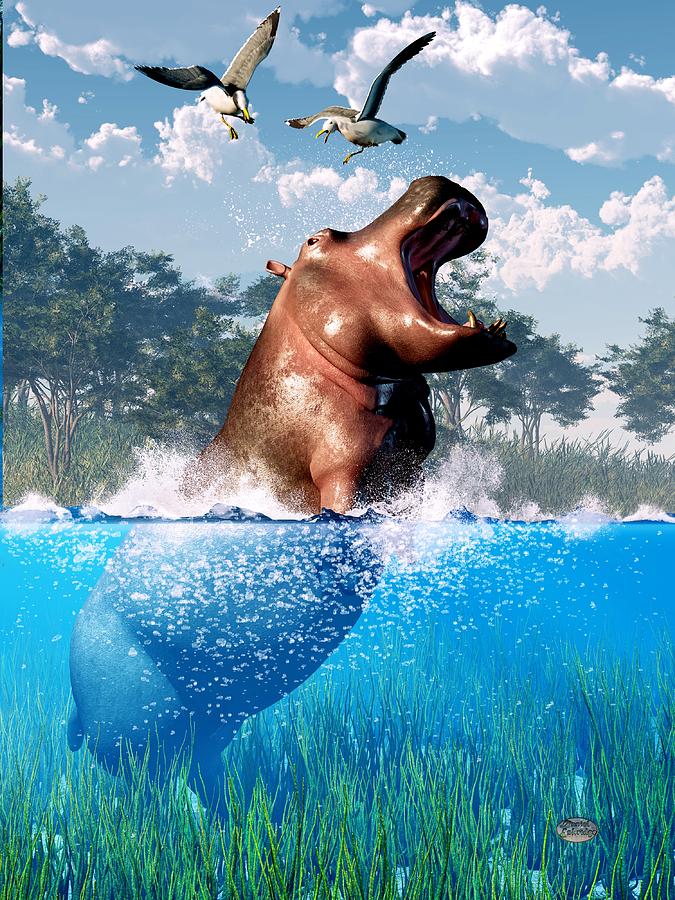 Lunging Hippo  Digital Art by Daniel Eskridge