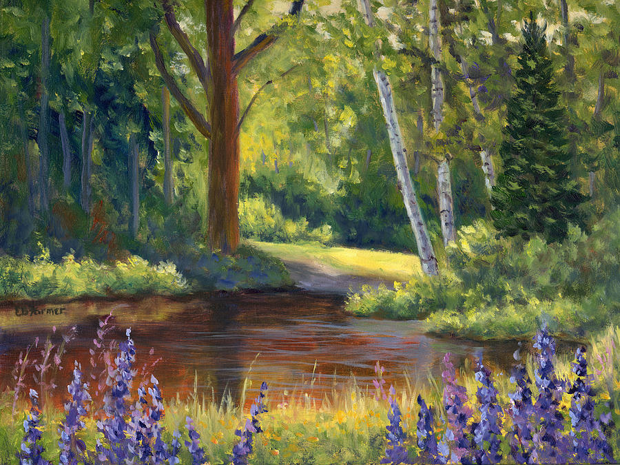 Lupine at the Pond, Sugar Hill, NH Painting by Elaine Farmer