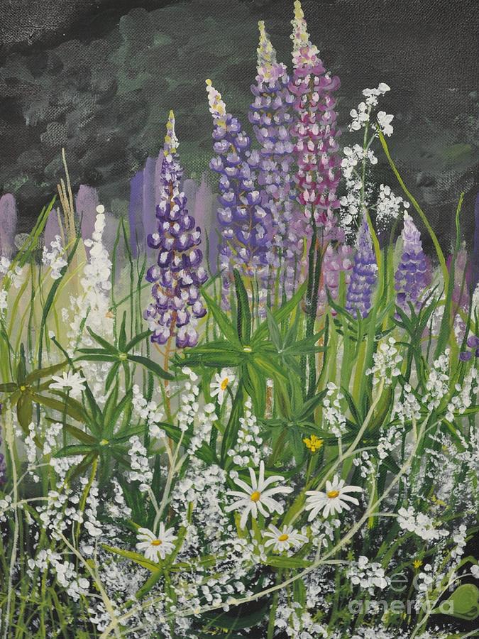 Lupines Painting by Sally Tiska Rice