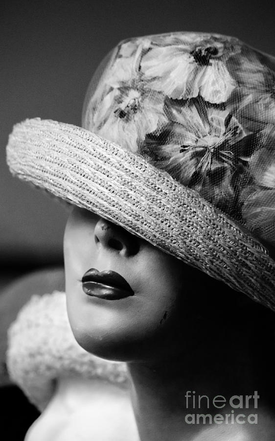 Black And White Photograph - Luscious Lips and a Floral Hat by Robert Yaeger