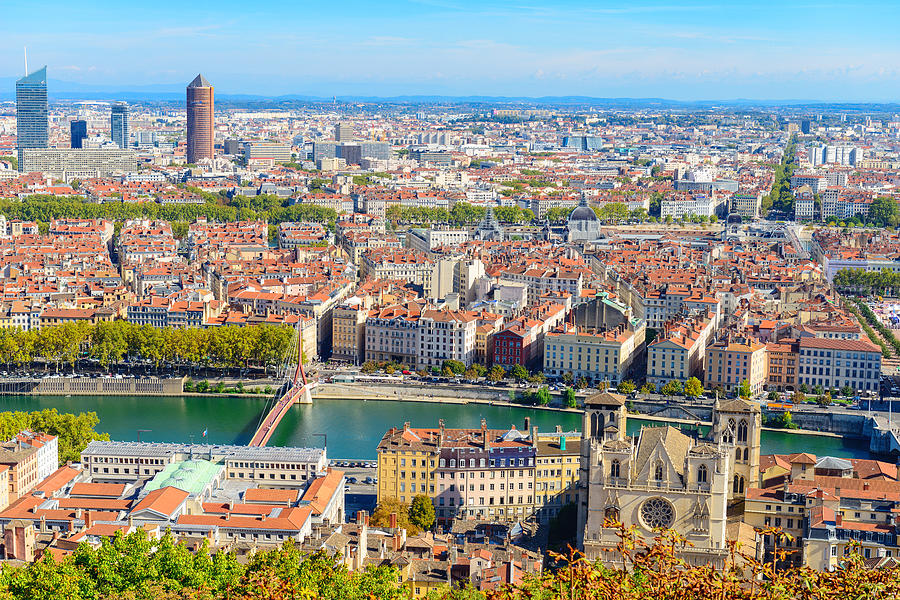 Lyon cityscape from above with Rhone River Photograph by Syolacan