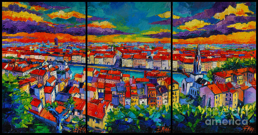 Lyon Panorama Triptych Painting by Mona Edulesco