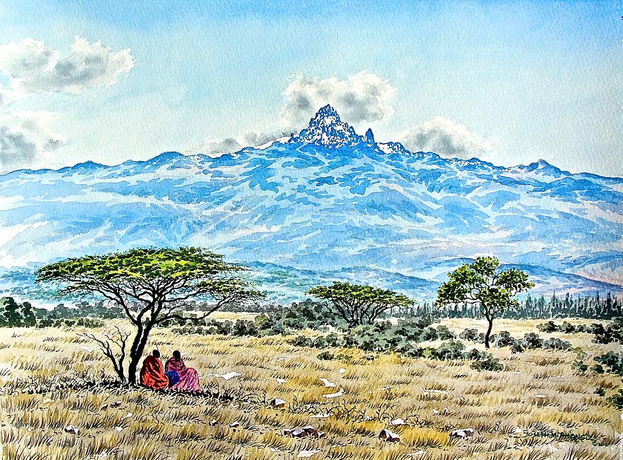 Maasai at Mountain Painting by Joseph Thiongo