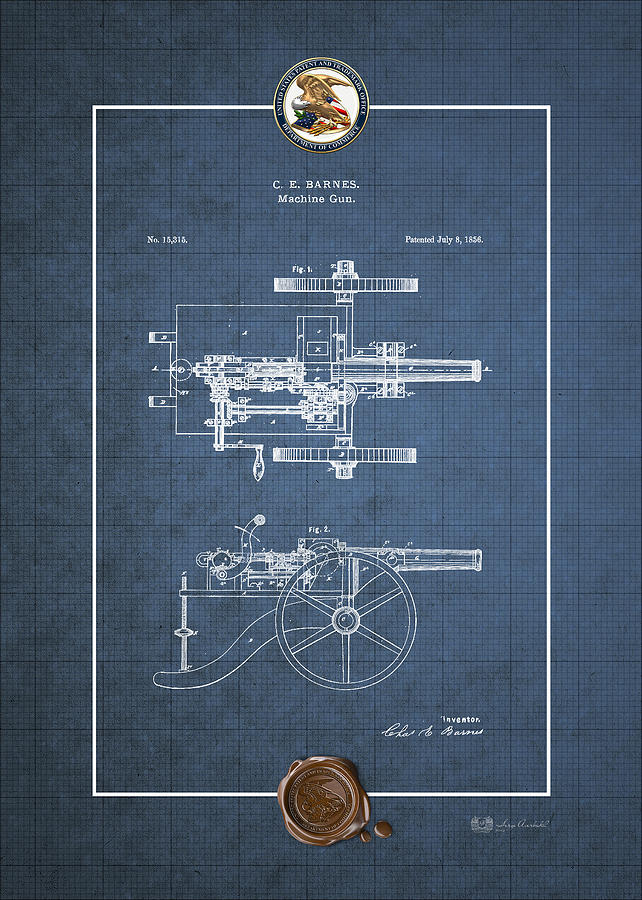 Machine Gun - Automatic Cannon by C.E. Barnes - Vintage Patent Blueprint Digital Art by Serge Averbukh