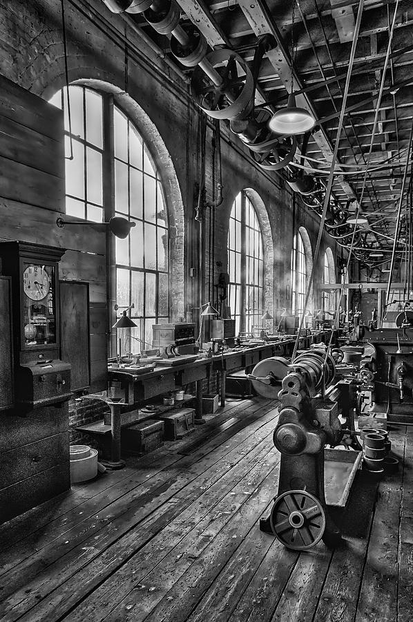 Clock Photograph - Machine shop BW by Susan Candelario