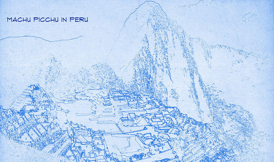 Machu Picchu in Peru  - BluePrint Drawing Digital Art by MotionAge Designs