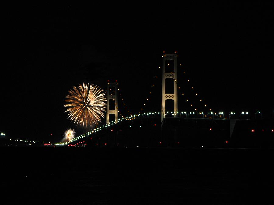 Mackinac Bridge 50th Anniversary Fireworks Photograph by Keith Stokes