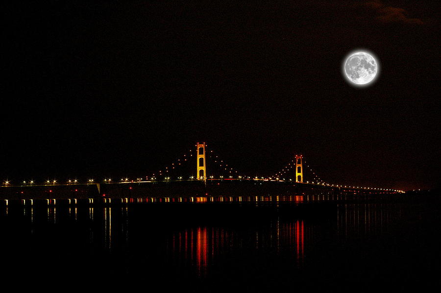 Mackinac Bridge and Moon Photograph by Randy Pollard