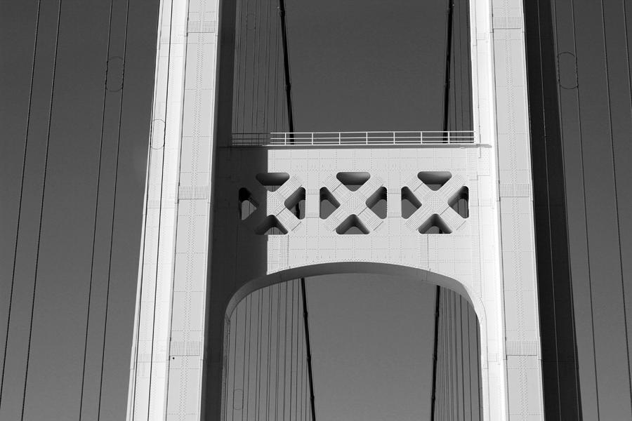 Mackinac Bridge Detail 3 BW Photograph by Mary Bedy