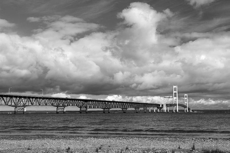 Mackinac Bridge with Clouds 2 BW Photograph by Mary Bedy