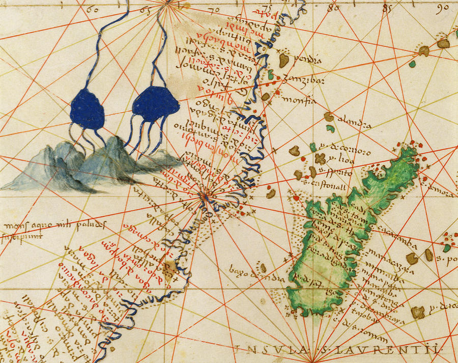 Mountain Photograph - Madagascar, From An Atlas Of The World In 33 Maps, Venice, 1st September 1553 Ink On Vellum Detail by Battista Agnese
