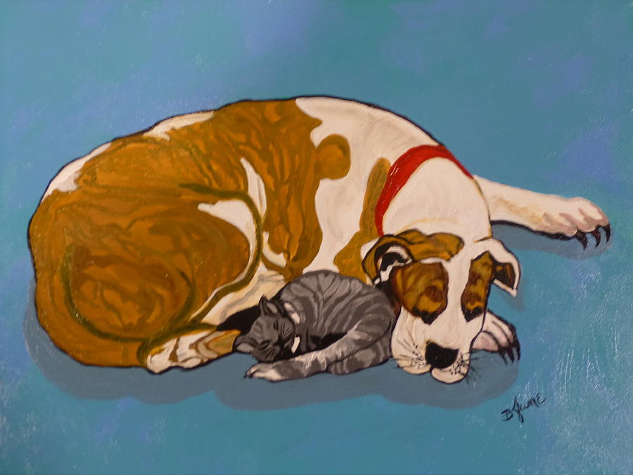 Pitbull Painting - Maddie and Kitty by BJ Hilton Hitchcock