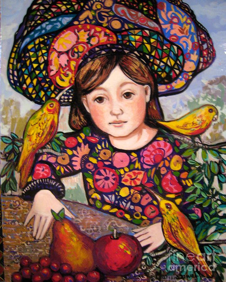 Medieval Painting - Madeline with flowers and birds by Marilene Sawaf Medieval Painting - Madeline with flowers and birds by Marilene Sawaf