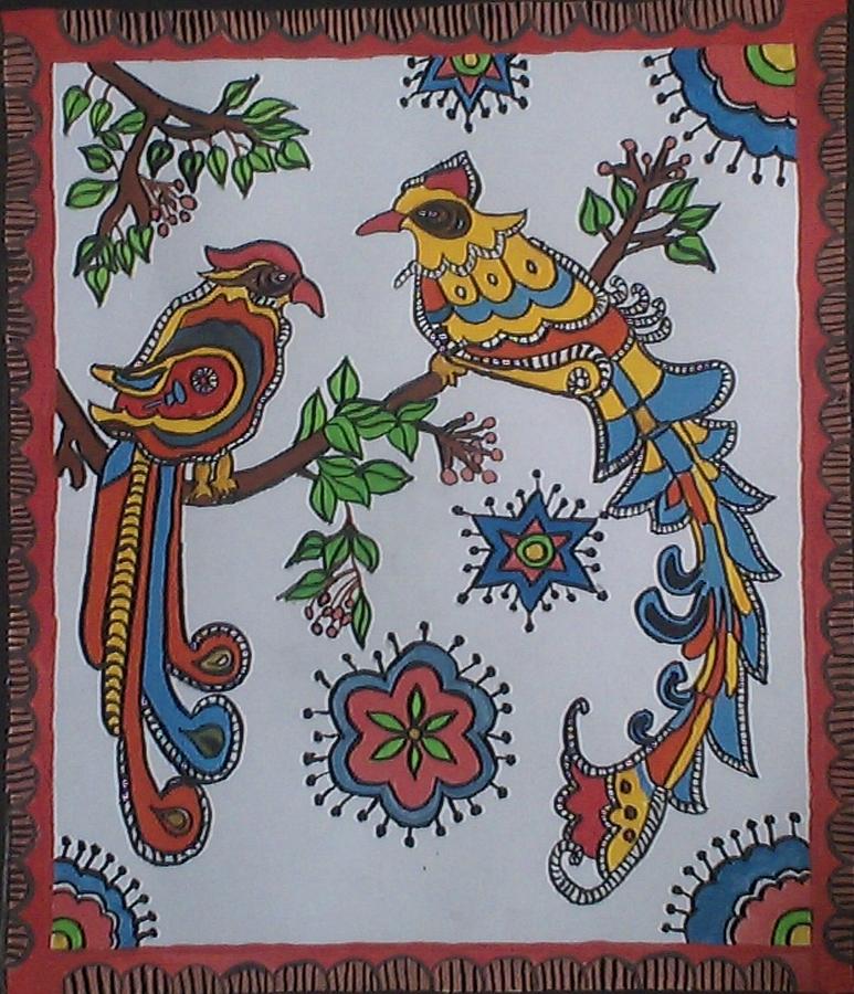 Madhubani Painting Birds Painting by Amit Shrivastva