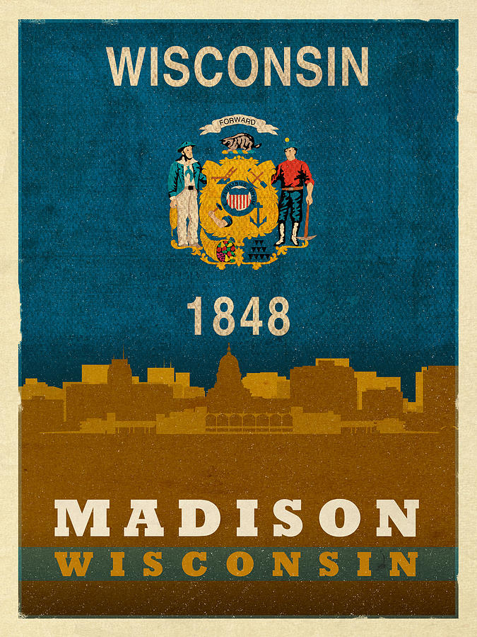 Madison Mixed Media - Madison City Skyline State Flag Of Wisconsin Art Poster Series 007 by Design Turnpike