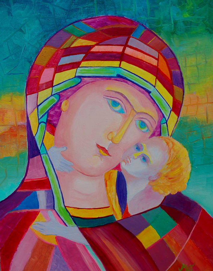 Mother Mary Painting - Mother Mary nursing the infant Jesus orthodox icon. Madonna with Child painting by Magdalena Walulik
