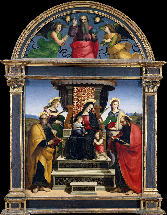 Raffaello Sanzio Da Urbino Painting - Madonna and Child Enthroned with Saints by Raphael