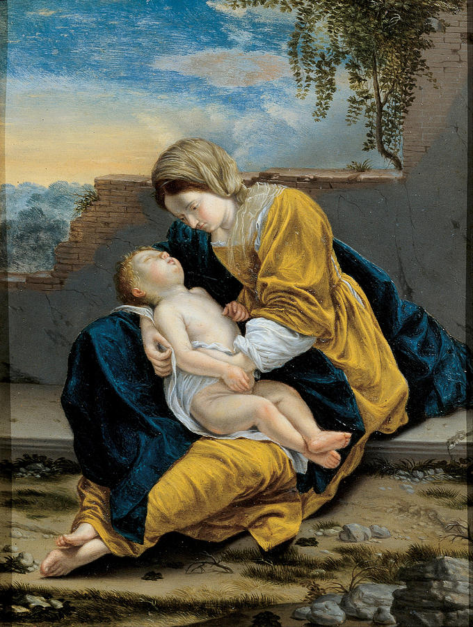Madonna and Child in a landscape Painting by Orazio Gentileschi