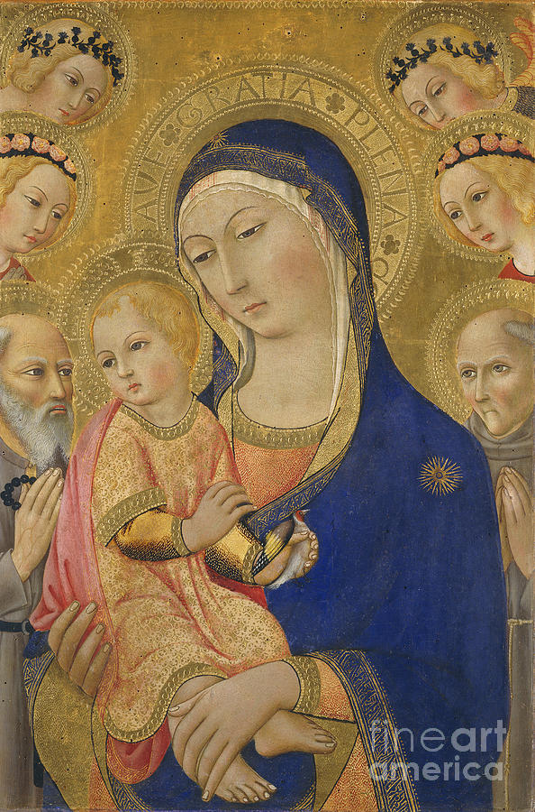 Madonna Painting - Madonna and Child with Saint Jerome Saint Bernardino and Angels by Sano di Pietro