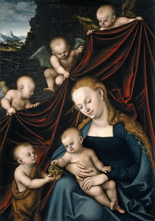 Madonna and Child with Saint John and Angels Painting by Lucas Cranach the Elder