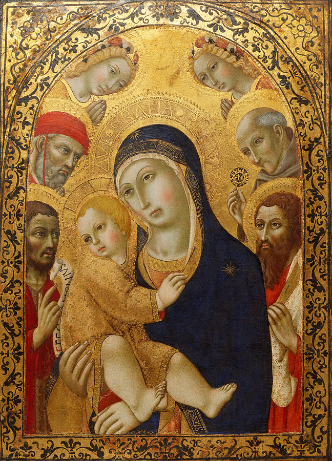 Sano Di Pietro Painting - Madonna and Child with Saints Jerome John the Baptist Bernardino and Bartholomew by Sano di Pietro