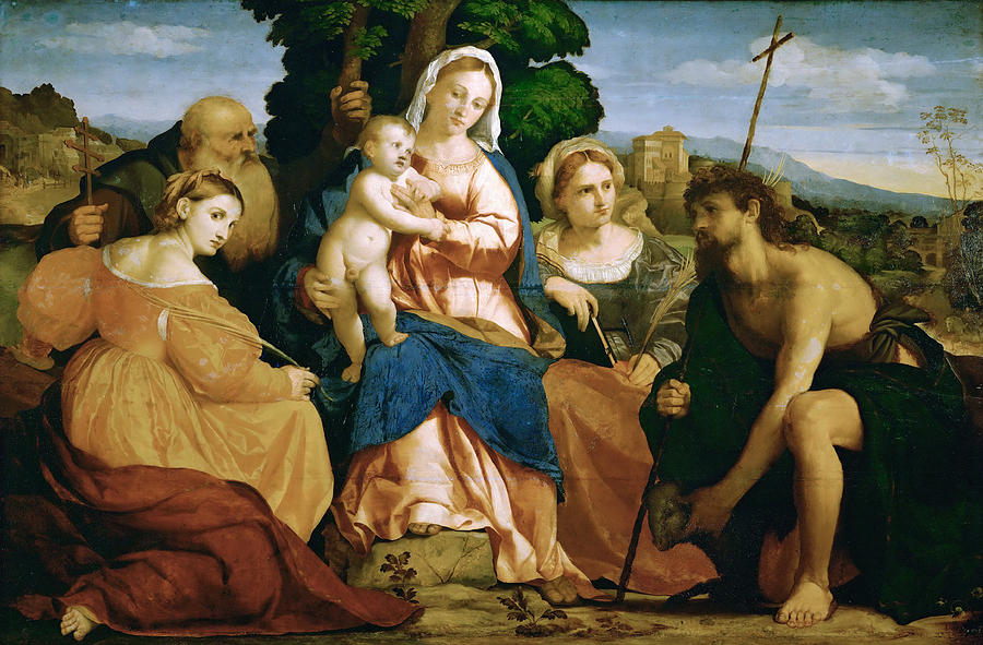 Madonna and Child with St Catherine and St Celestine and John the Baptist and St Barbara Painting by Palma Vecchio