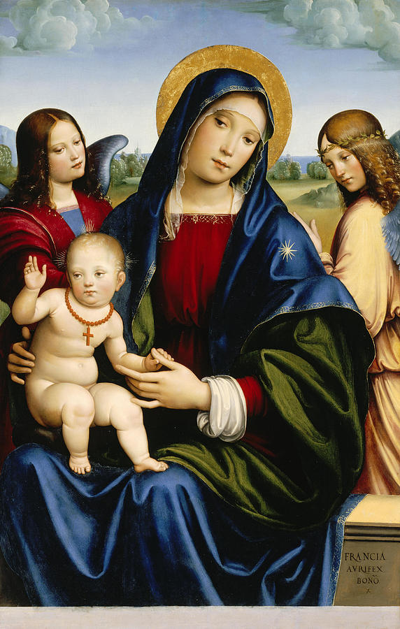 Madonna and Child with Two Angels Painting by Francesco Francia
