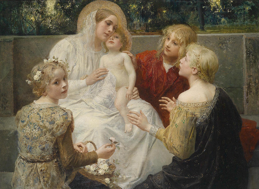 Madonna and Jesus surrounded by children Painting by Eduard Veith