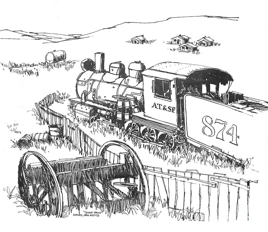 Madrid New Mexico Ghost Town with rusting locomotive Drawing by Robert Birkenes