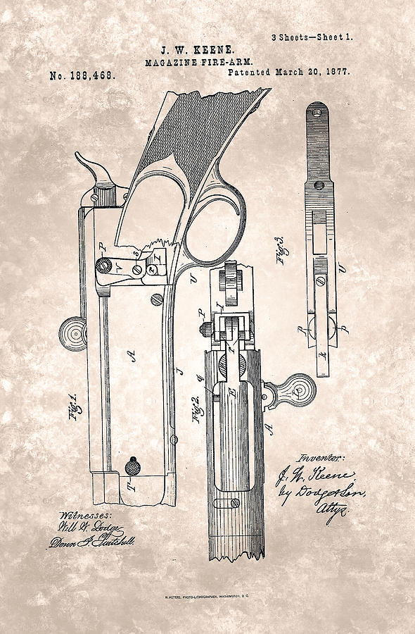 Magazine Fire-arm - Patent from 1877 Beige Painting by Celestial Images