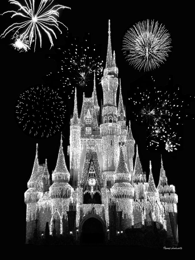 Black And White Photograph - Magic Kingdom Castle in Black and White with Fireworks Walt Disney World by Thomas Woolworth