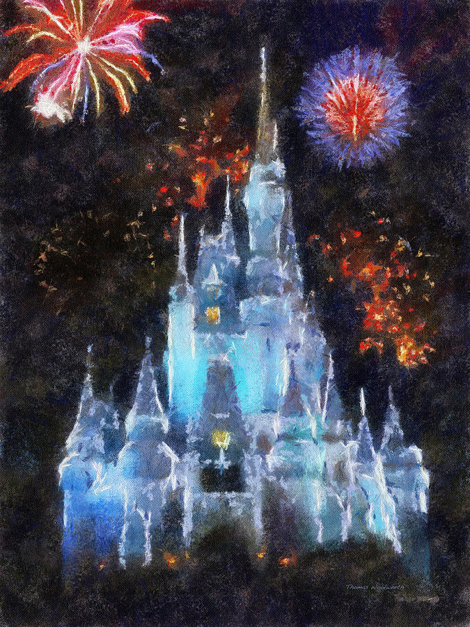 Castle Photograph - Magic Kingdom Castle In Frosty Light Blue With Fireworks 02 Photo Art by Thomas Woolworth