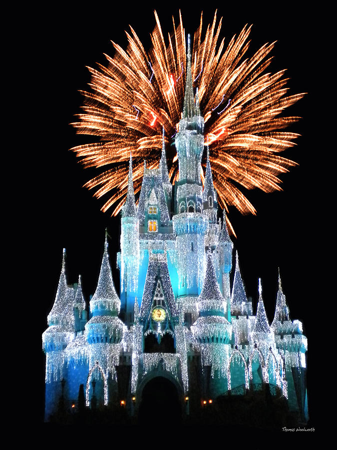 Castle Photograph - Magic Kingdom Castle In Frosty Light Blue with Fireworks 02 by Thomas Woolworth
