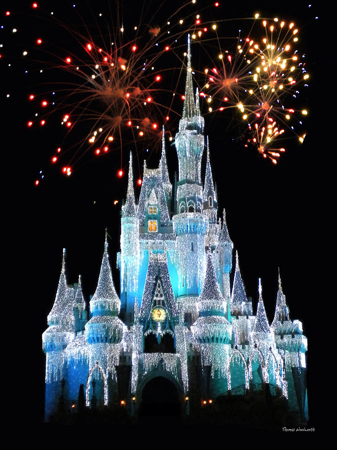 Castle Photograph - Magic Kingdom Castle In Frosty Light Blue with Fireworks 03 by Thomas Woolworth