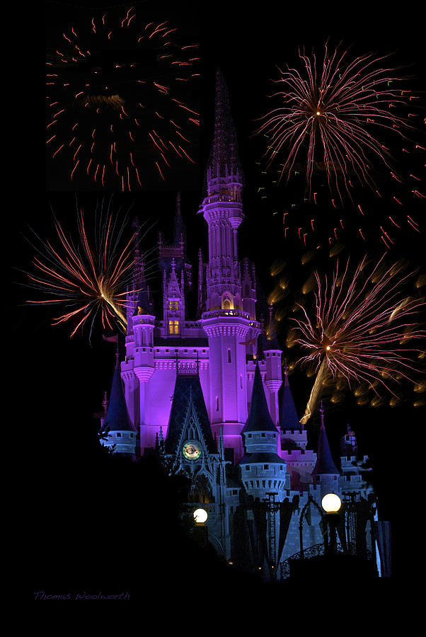 Castle Photograph - Magic Kingdom Castle In Purple With Fireworks 03 by Thomas Woolworth