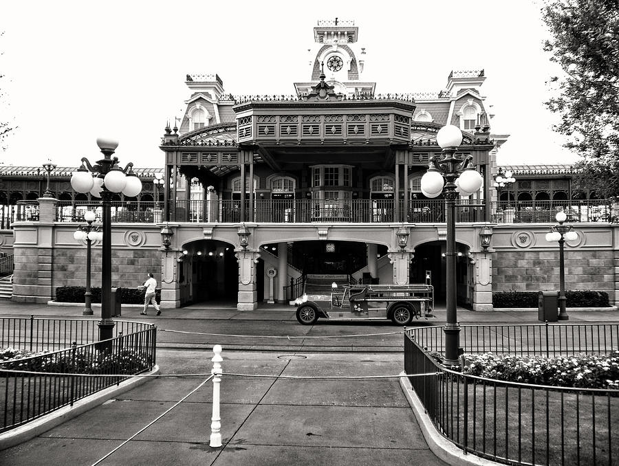 Magic Kingdom Train Station in Black and White Walt Disney World Photograph by Thomas Woolworth