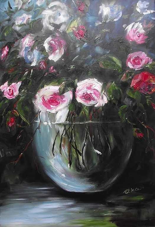 Flower Painting - Magic roses in glass vase by Elizabeth Kawala
