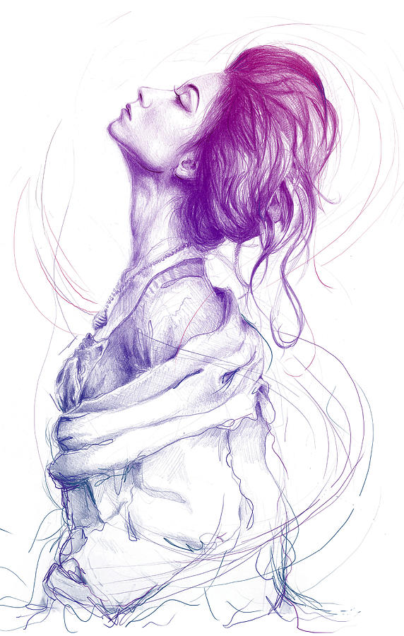 Pencil Portrait Drawing - Purple Fashion Illustration by Olga Shvartsur